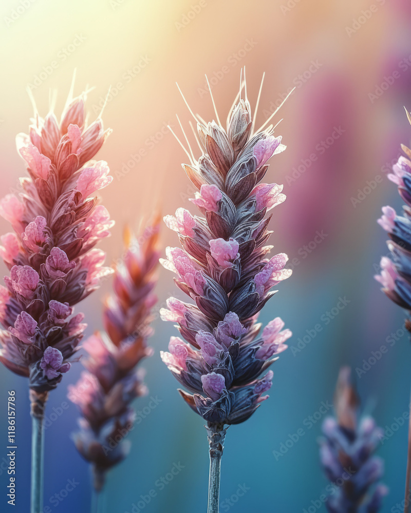 Poster graceful curve of a single wheat stalk, set against an ethereal gradient of lavender pink and powder