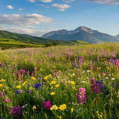Fototapeta premium Vibrant Wildflower Field with Mountain Backdrop and Scattered Clouds