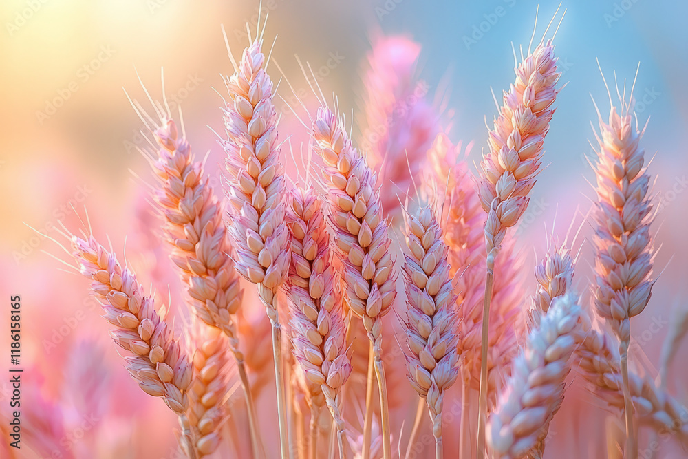 Poster clusters of wheat in partial focus, dreamy peach-to-baby-blue fade behind creating an ethereal farml