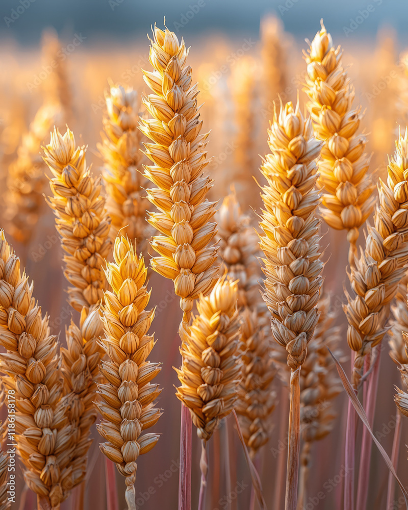 Aufkleber Macro of golden wheat textures shimmering, while the background transitions from a soft rose color to tranquil baby-blue,