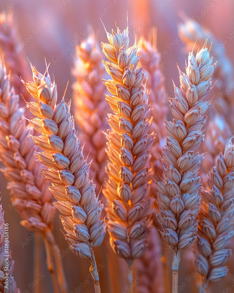 Aufkleber Macro of golden wheat textures shimmering, while the background transitions from a soft rose color to tranquil baby-blue,