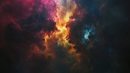 Vibrant nebula with swirling cosmic clouds of red, orange, and blue hues, scattered with stars in a dark space background.