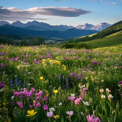 Obraz premium Vibrant Wildflower Field with Mountain Backdrop and Scattered Clouds