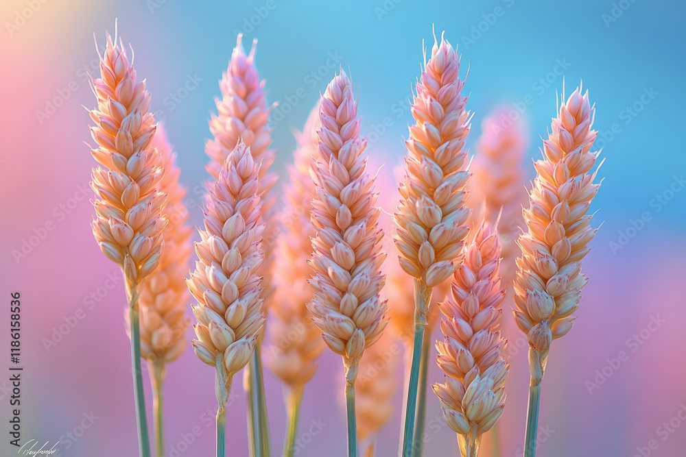Poster macro of wheatâ€™s tiny hairs in golden hue, behind it a whisper of pastel lilac merging into cool s