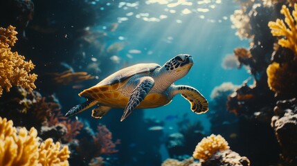 Naklejka premium Sea Turtle gracefully Swimming Through Vibrant Coral Reef, Sunlight Beams, Abundant Marine Life