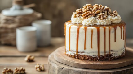 Creamy Cheesecake Topped with Caramel and Walnut Decor on Wooden Stand
