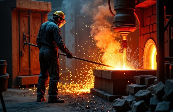 Industrial worker controls iron melting process in furnace. Molten steel pours out with sparks flying around. Worker wearing protective suit. Heavy industry production takes place in factory
