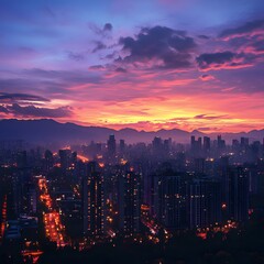 Obraz premium Vibrant Sunset Over Iconic City Skyline