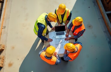 Construction site team gathers around laptop, blueprints. Engineers review project plans. Teamwork, discussion happen at workplace. Professionals in safety vests, hard hats. Project progress, site