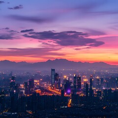 Fototapeta premium Vibrant Sunset Over Iconic City Skyline
