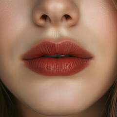 Obraz premium Close-Up of Young Woman's Beautiful Plump Lips with Nude Red Lips. Generative AI.