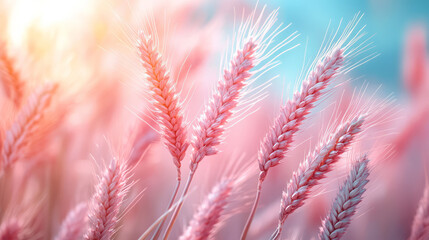 A gentle cluster of wheat ears, softly elevated by a floating background that blends candy-pink and baby-blue into an ethereal glow,