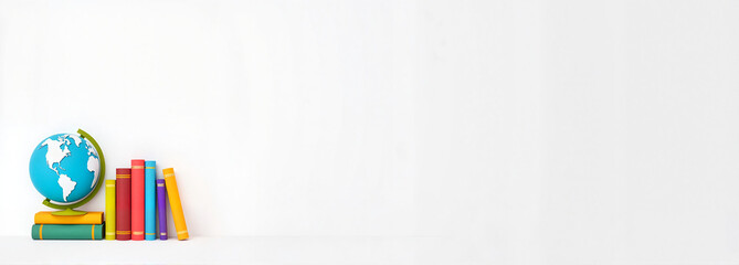 Obraz premium Globe and books with minimalist white background