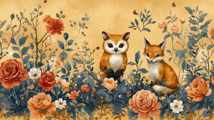 Fototapeta premium Whimsical illustration of a fox and owl among flowers.