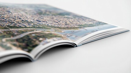 Open book showcasing aerial city view photography.