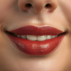 Close-Up of Young Woman's Beautiful Plump Lips with Nude Glossy Red Lips. Generative AI.
