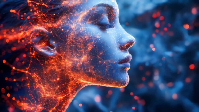 Abstract digital visualization of a woman face composed of glowing interconnected particles
