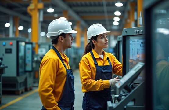 Factory setting. Man mentor instructs woman trainee employee on machine operation. Mentor shows trainee how to monitor production process machinery. Foreman explains machine controls to woman