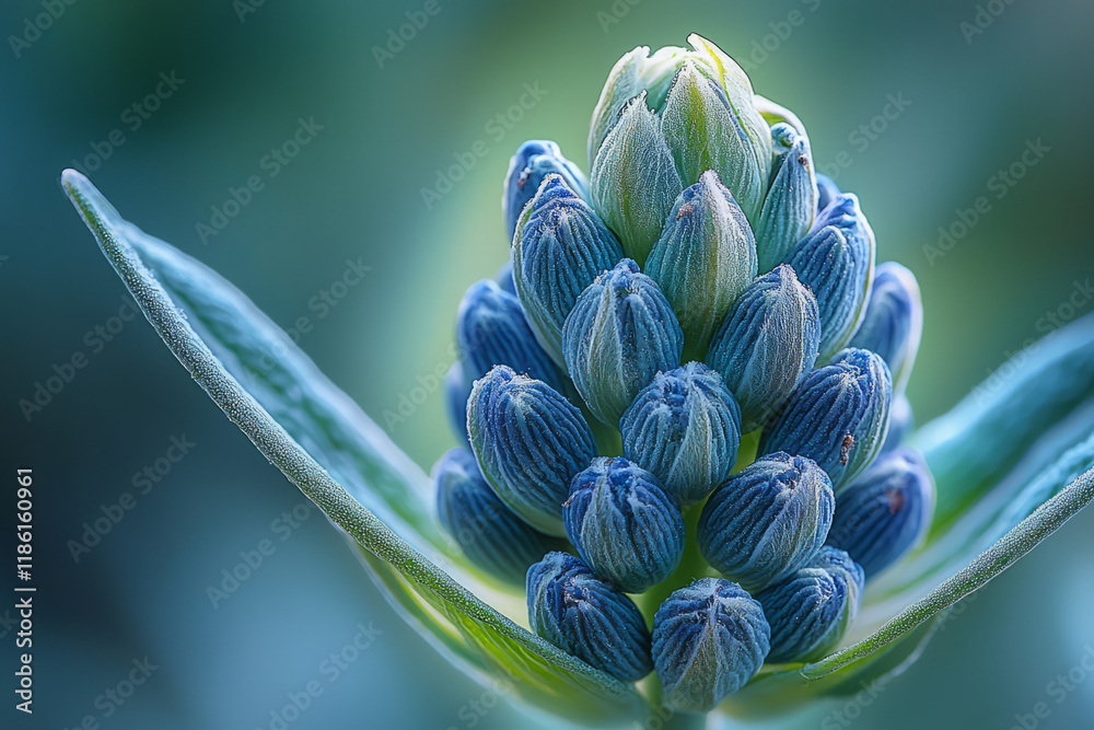 Poster airy macro of a lone lavender bud about to open, suspended in a vibrant swirl of fresh grass-green b