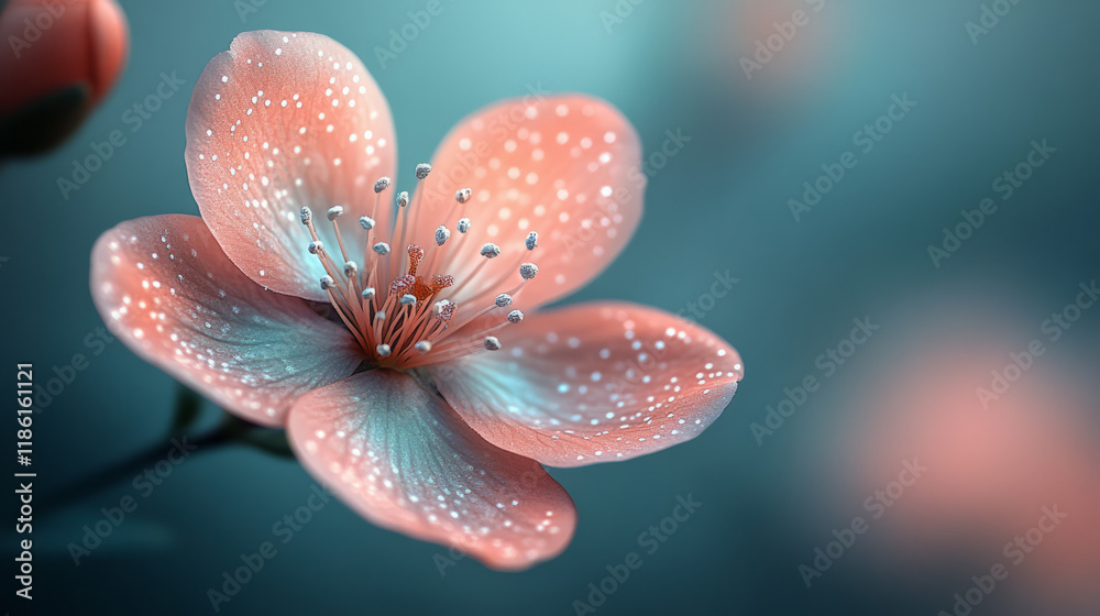 Aufkleber minimal focal point on the blossomâ€™s tip, with the rest dissolving into a pastel jade blur dotted 