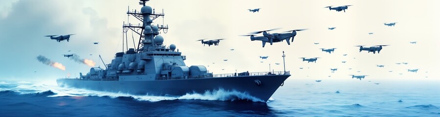 Naklejka premium Modern warship faces drone swarm attack. Naval vessel moving swiftly through ocean waves. Unmanned aerial vehicles surround battleship. Military tech showcased in dynamic aerial battle. Conflict