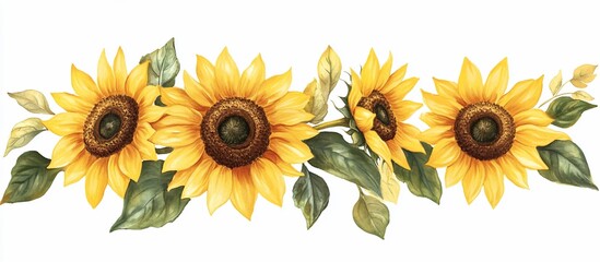 Watercolor painting of a sunflower garland with four large sunflowers and several smaller buds and leaves.