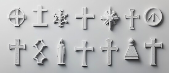Collection of various religious cross symbols and figures in white, arranged on a light gray background.