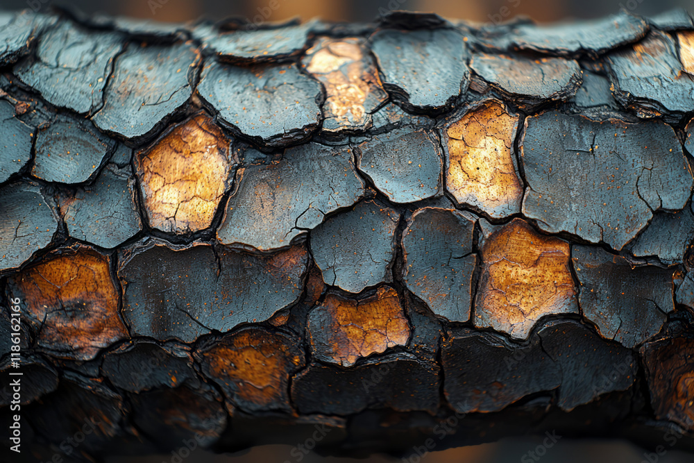 Poster high-focus shot of scaly plant bark tinted with mild azure glow, background turning warmly cinnamon 