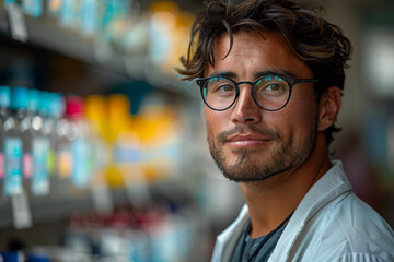 Fototapeta premium Generative AI Image of Pharmacist at Work in a Pharmacy, medication sphere, meds prescription