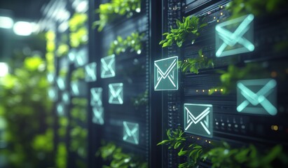 Green server room with email icons.