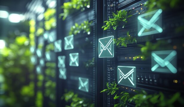 Green server room with email icons. - Powered by Adobe