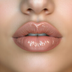Close-Up of Young Woman's Beautiful Plump Lips with Nude Glossy Pink Lipstick. Generative AI.