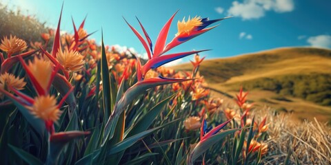 The image showcases a vibrant array of flowering plants basking in the warmth of a sunny day.