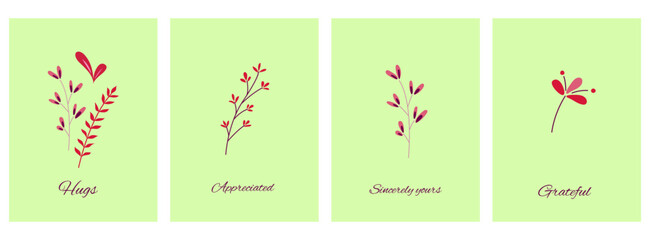 
Floral background set with captions. Blooming and delicate flowers and leaves on green. Collection of colorful spring and summer backgrounds.