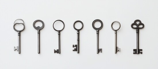 Seven antique keys arranged in a row on a white background.