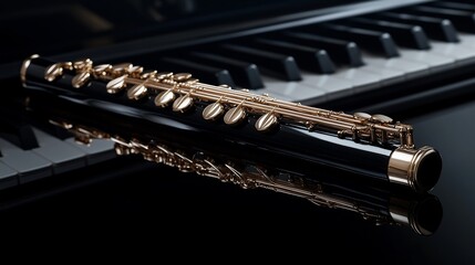 Naklejka premium Black flute with gold keys rests on a polished surface near a piano keyboard.