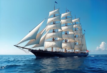 Large sailing ship with billowing sails glides across open ocean. Vintage vessel navigates vast expanse of water under white sails. Active maritime voyage. Sea breeze fills sails creating power,