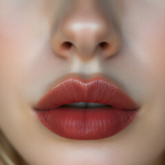 Obraz premium Close-Up of Young Woman's Beautiful Plump Lips with Nude Glossy Red Lipstick. Generative AI.