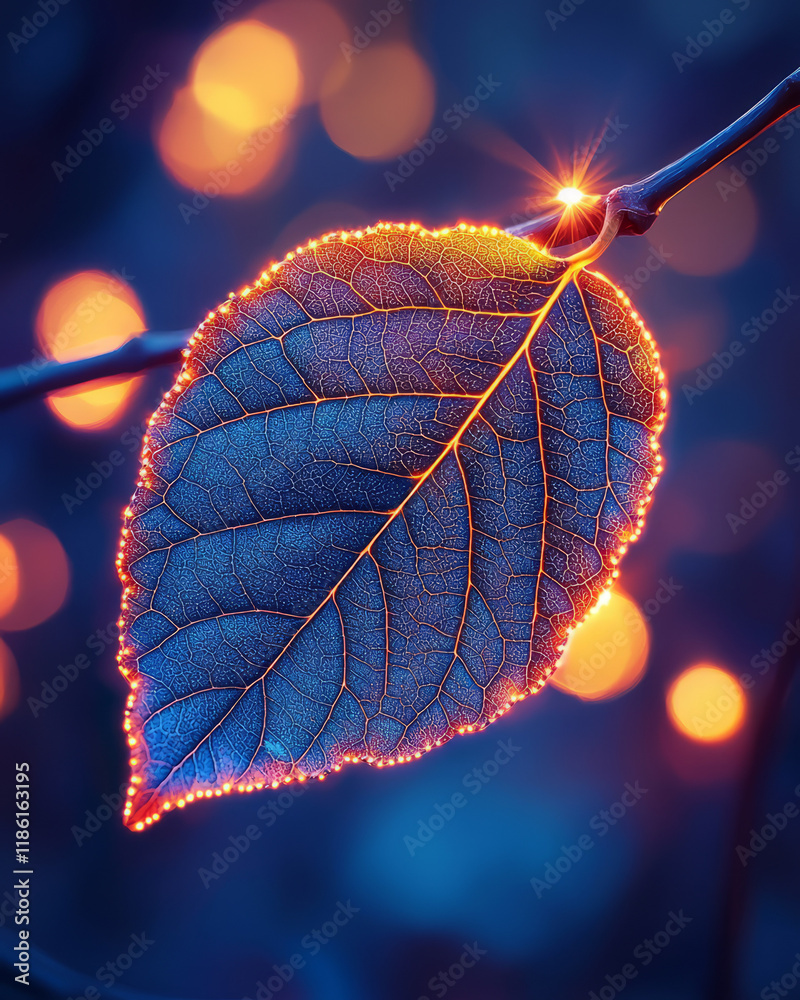 Poster wispy edges of a leaf curling under a subdued periwinkle neon, golden bokeh twinkling in the distanc