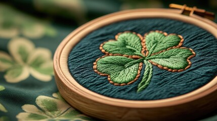 Closeup of embroidered green shamrock on a piece of cloth, for St. Patrick's Day or Irish decoration.