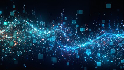 Obraz premium Vibrant data streams in blue green and purple hues flow dynamically with pixelated squares and light grids for a futuristic digital aesthetic