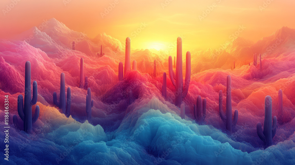 Poster zig-zag cactus ridges highlighted by a gentle neon gradient from pastel purple to aqua, with a soft 