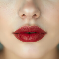 Fototapeta premium Close-Up of Young Woman's Beautiful Plump Lips with Nude Glossy Red Lipstick. Generative AI.