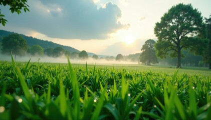 Morning dew on grass and trees with a grey cloudy sky above, low angle shot, natural scenery