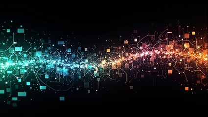 Vibrant neon data lines and glowing squares on a dark background pulsating with digital energy