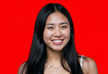 Portrait of a broadly smiling girl from Asia on a red background