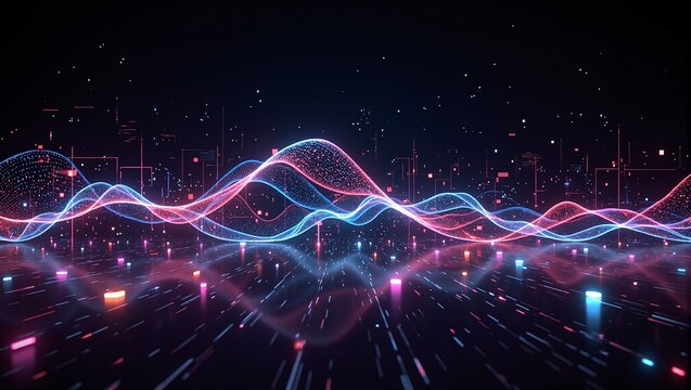 Abstract digital wave of colorful light with glowing pixels and lines exuding energetic high tech vibes