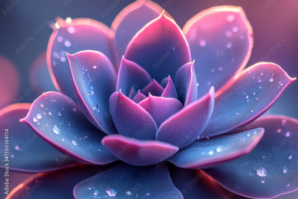 Poster macro shot showing the subtle curve in a succulent leaf, gradients of neon violet to aqua, softly fa