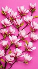 A close up of delicate magnolia flowers in full bloom with pale pink petals against a bright blue sky for a refined spring aesthetic 