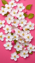 A close up of dew covered apple blossoms with soft pink and white petals sparkling in the golden light of a spring morning 